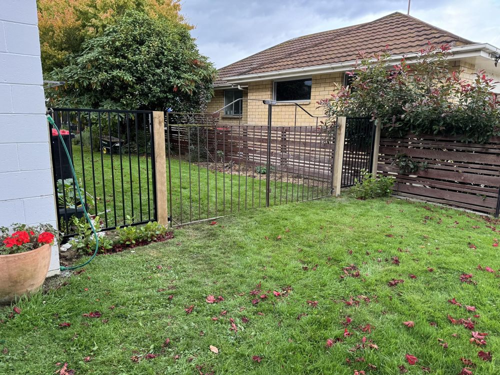 New black metal pool-style fence and gate with timber posts