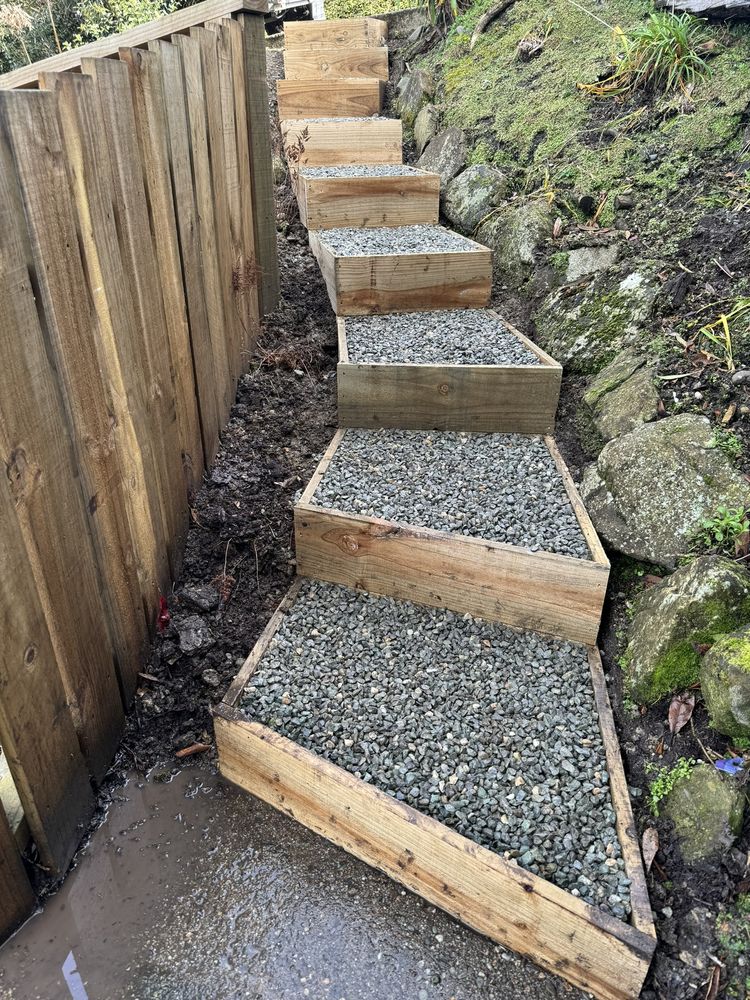 Timber-framed gravel steps built up a garden slope
