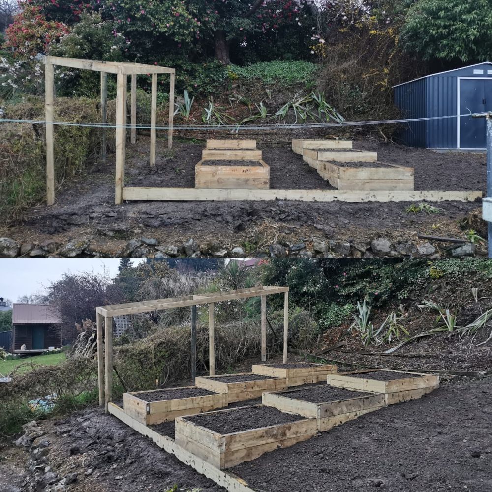 Before and after of tiered timber raised garden beds and a frame